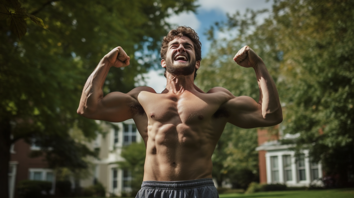 Excited man flexing tricep in grass