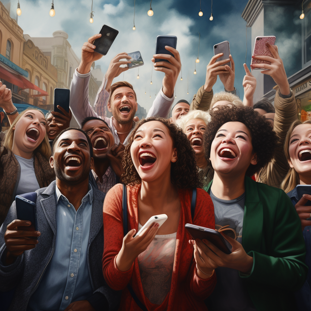 Group of young adults pointing phones towards sky