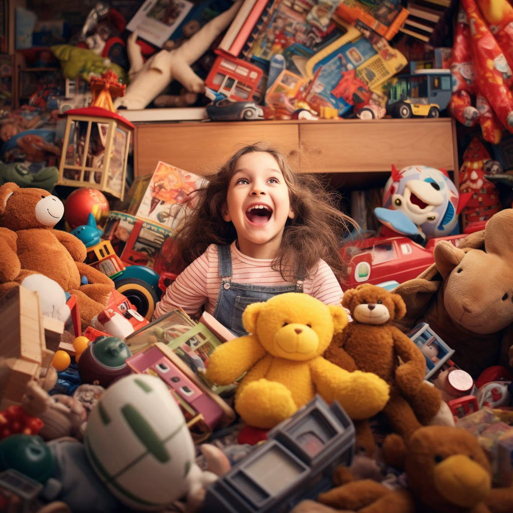 Excited girl picking toy from pile