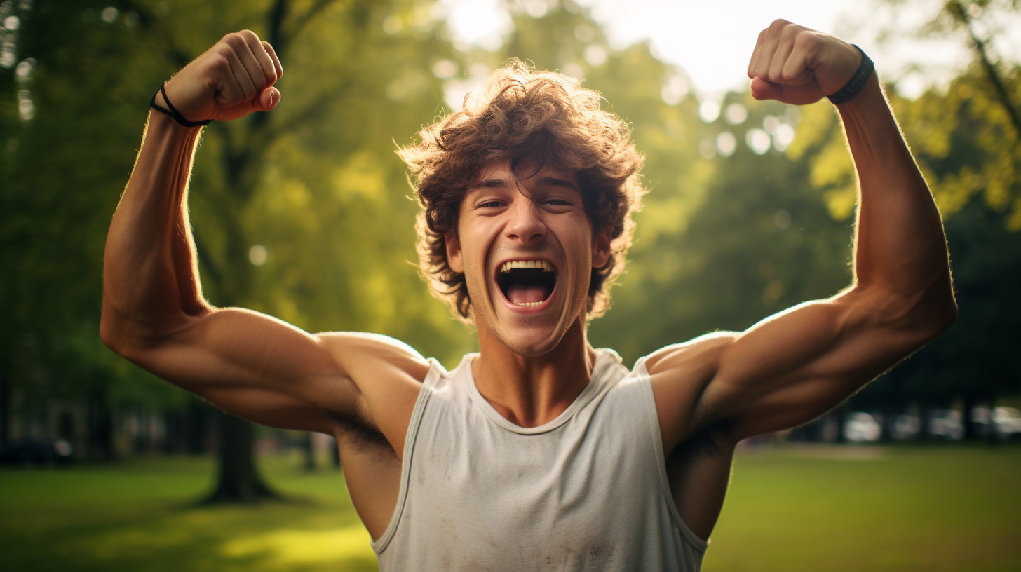 College-aged man flexing arm in grass