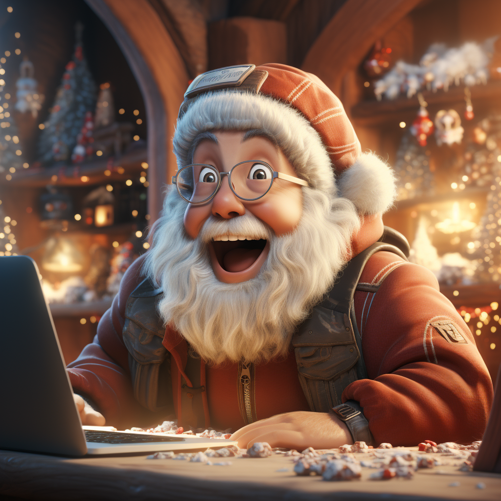 Excited Santa looking at laptop screen