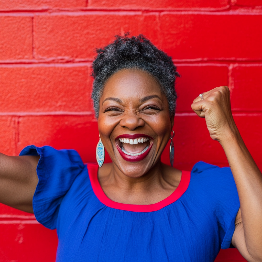 excited woman celebrating with high-five, bright and cheerful.