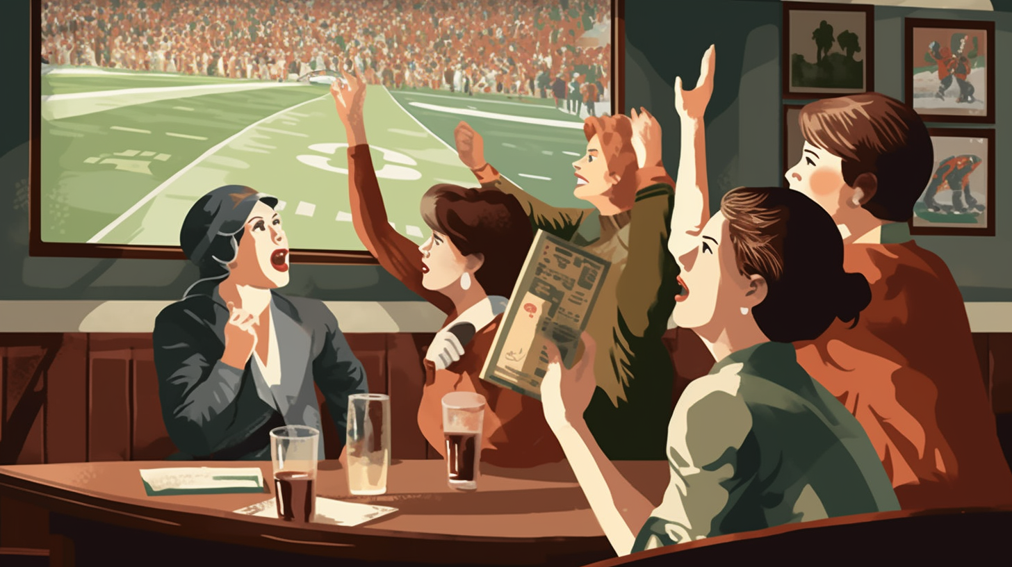 Vector illustration of four excited women watching football in sports bar