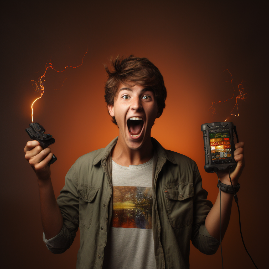 Teenage boy excitedly holding a battery