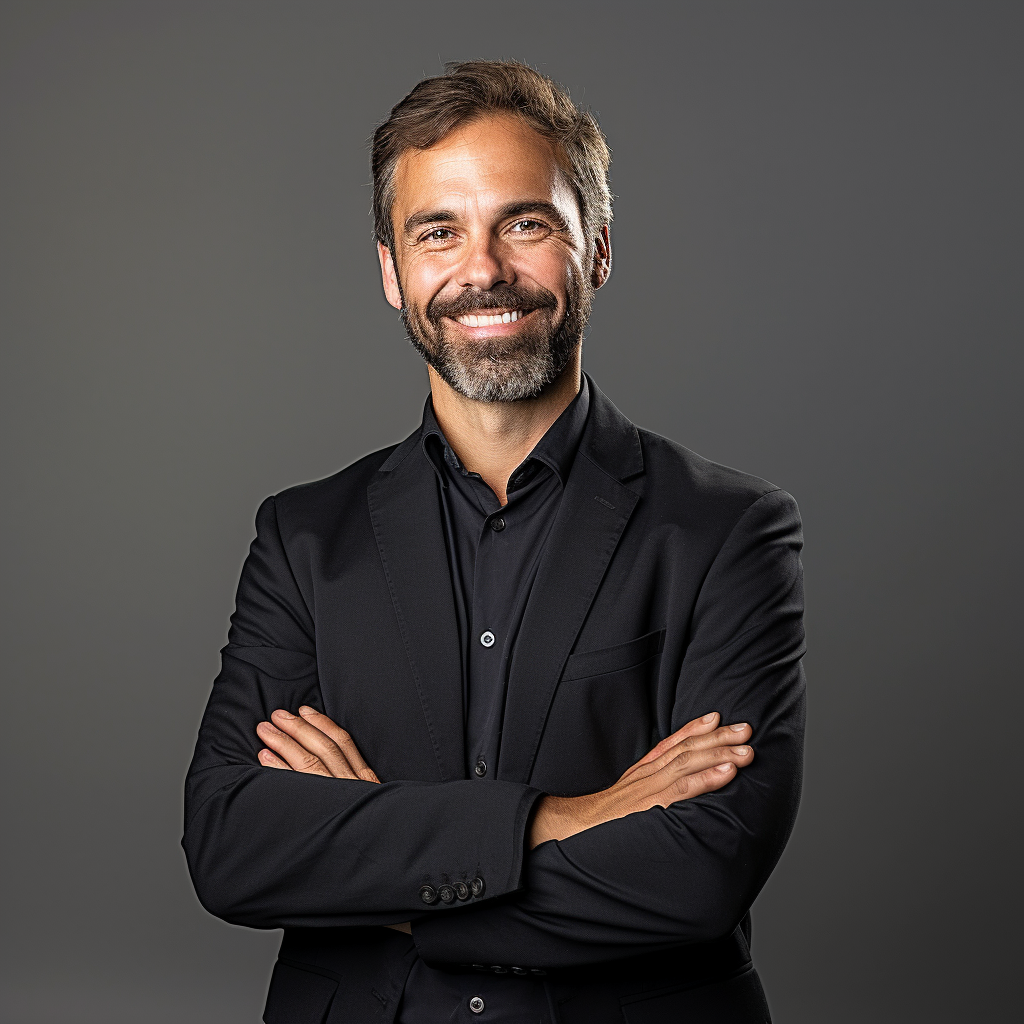 Portrait of a 40-year-old executive man in a black dress shirt with a smile