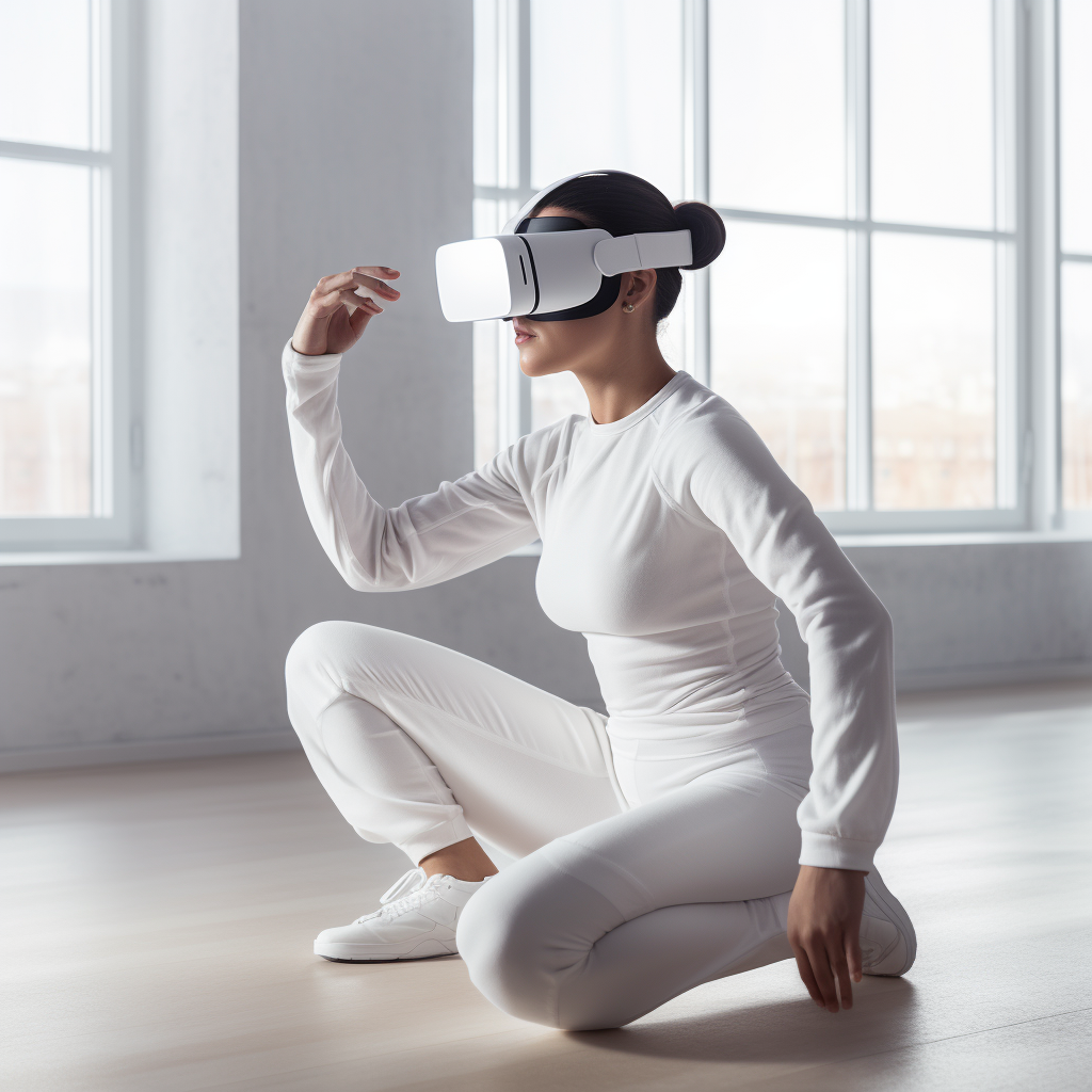 Woman exercising with Meta Quest Oculus and white outfit