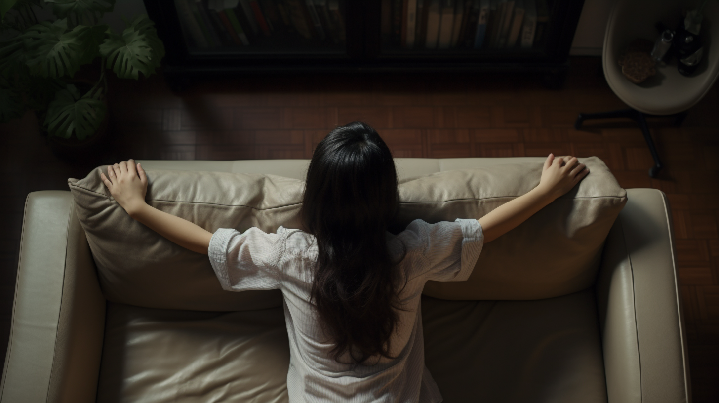 Chinese woman on messy sofa