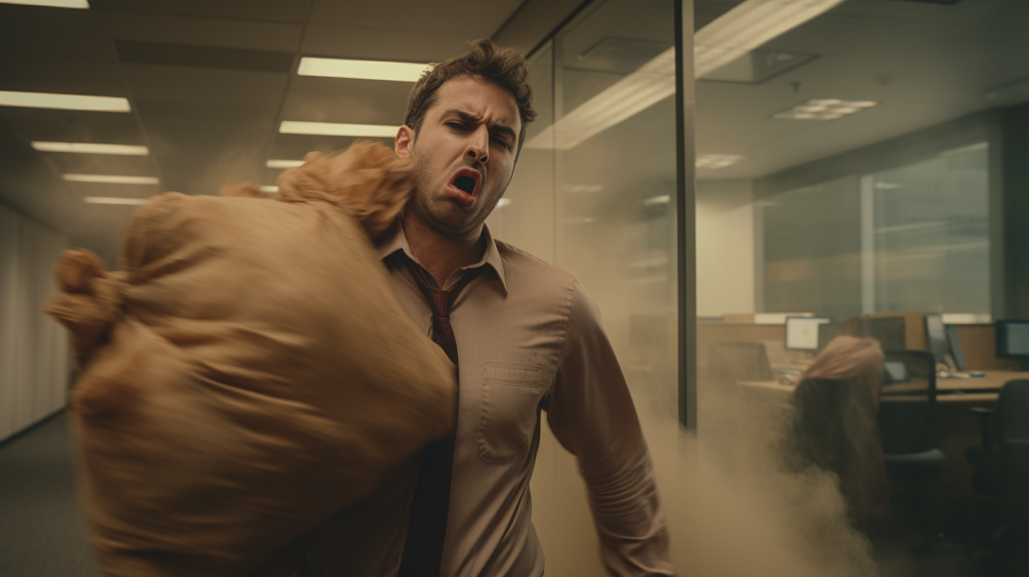 Tired man dragging burlap sack in office