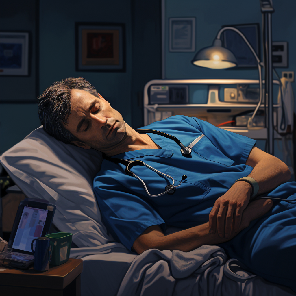 Tired resident physician with pager asleep