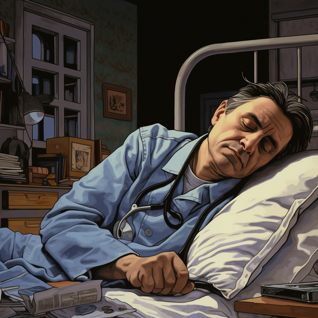 Cartoon of exhausted resident physician sleeping with pager