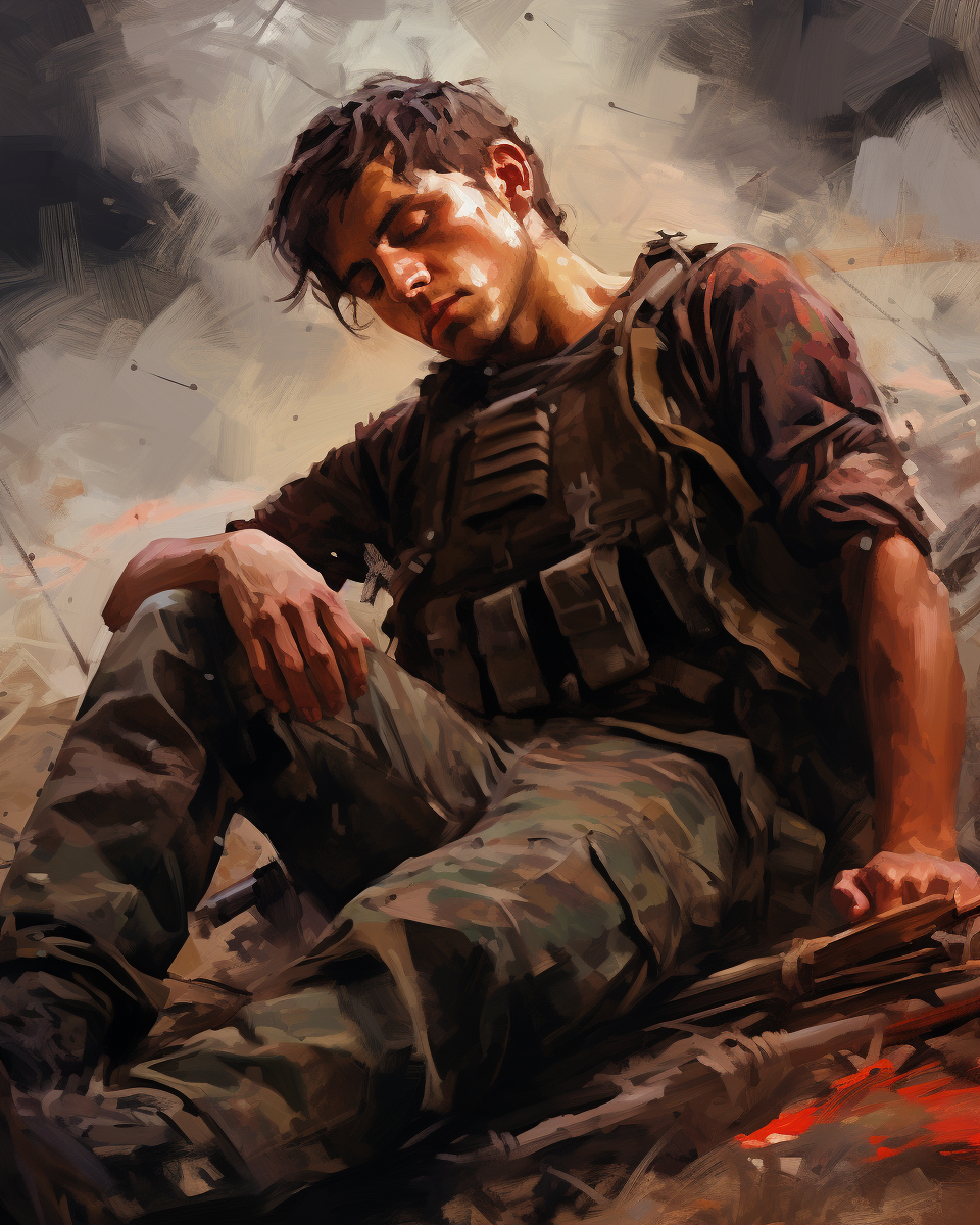 Tired soldier after battle in impressionism style