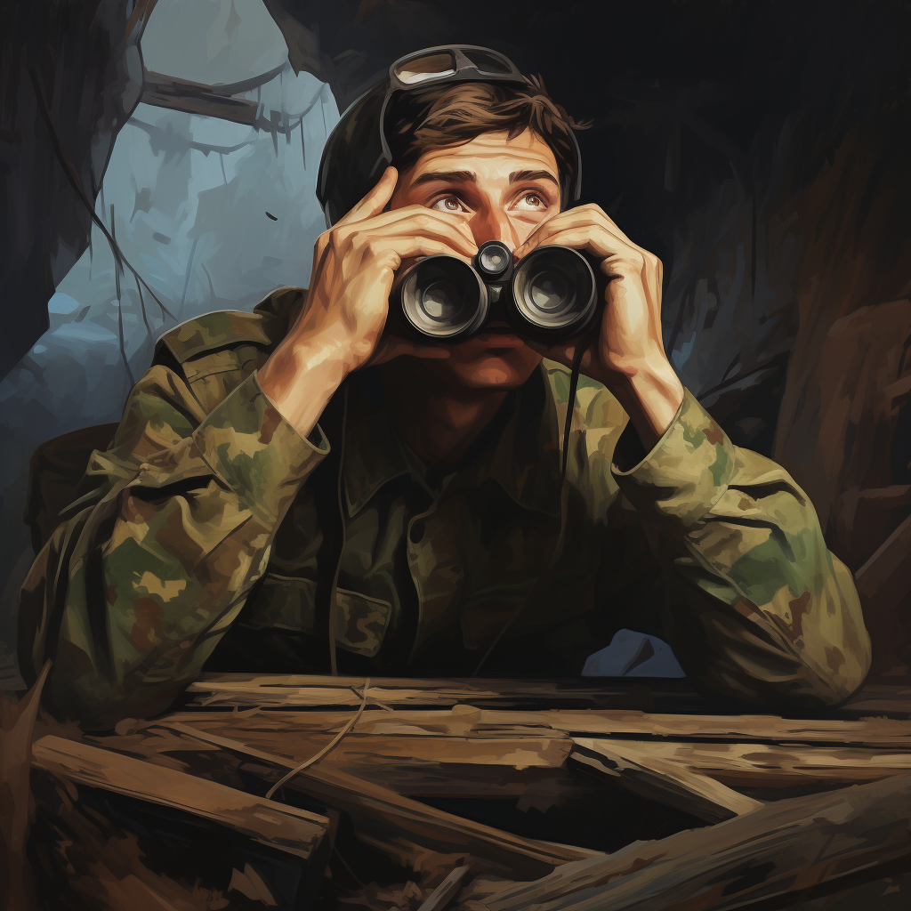 Exhausted soldier using binoculars in the battlefield