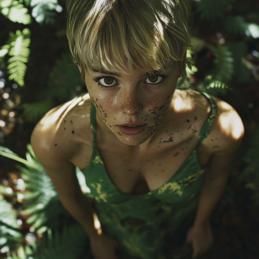 Tired Blonde Woman Walking in Forest