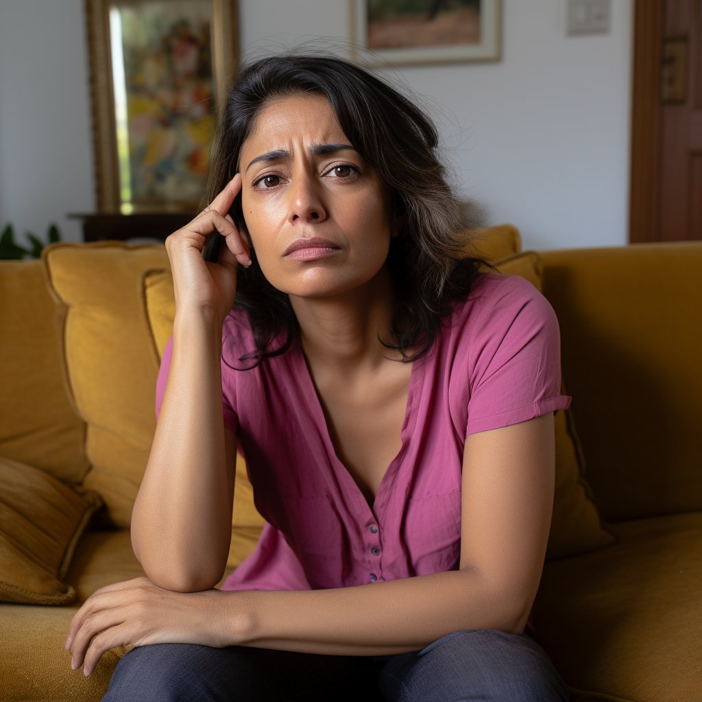 Exhausted woman sitting on Indian home couch