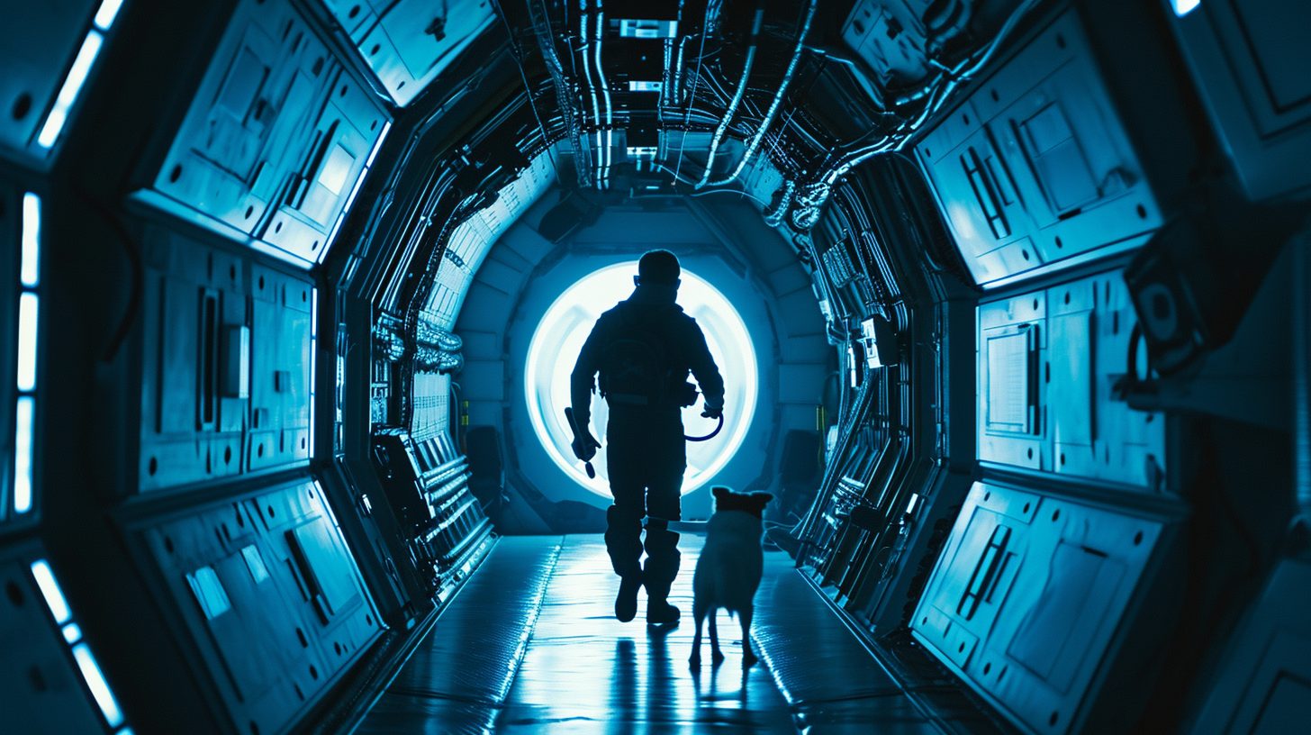 Man with White Shiba Inu Exiting Spaceship