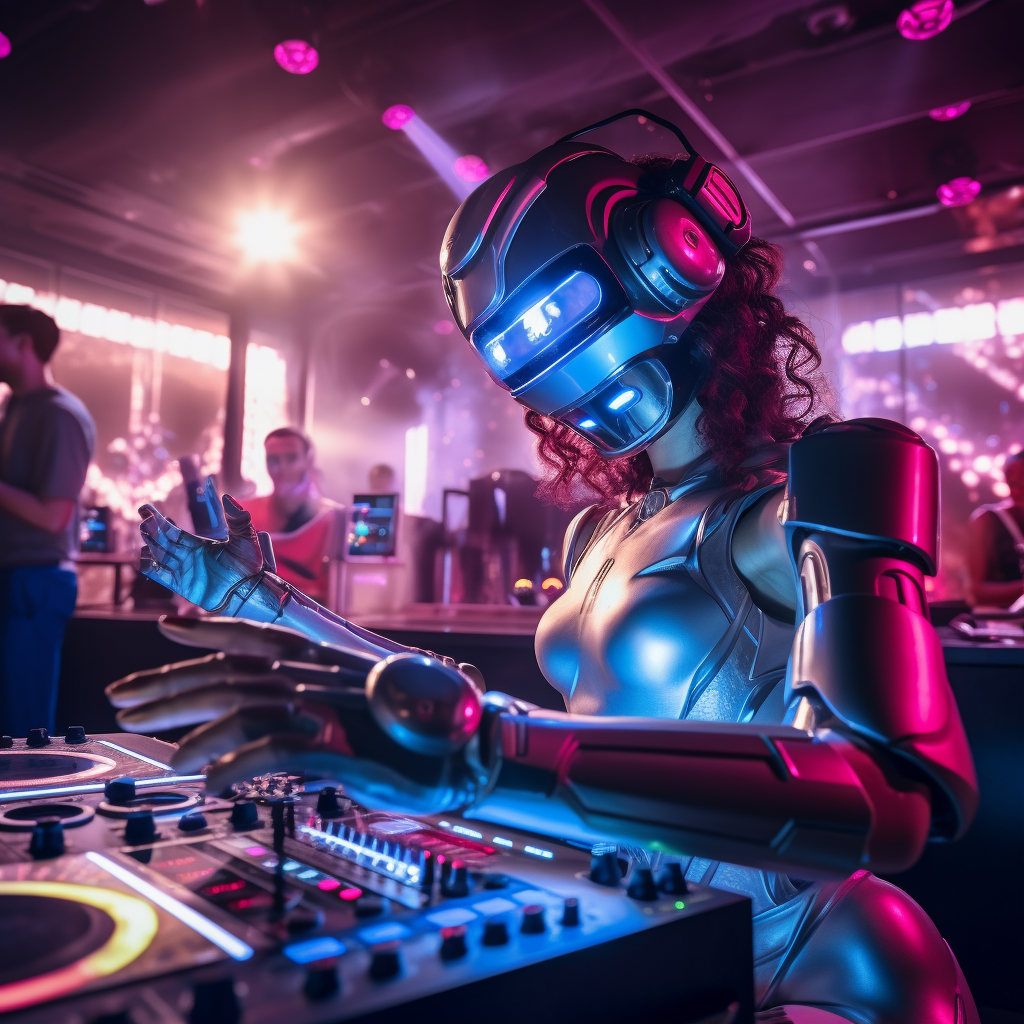 Exotic AI robot playing DJ