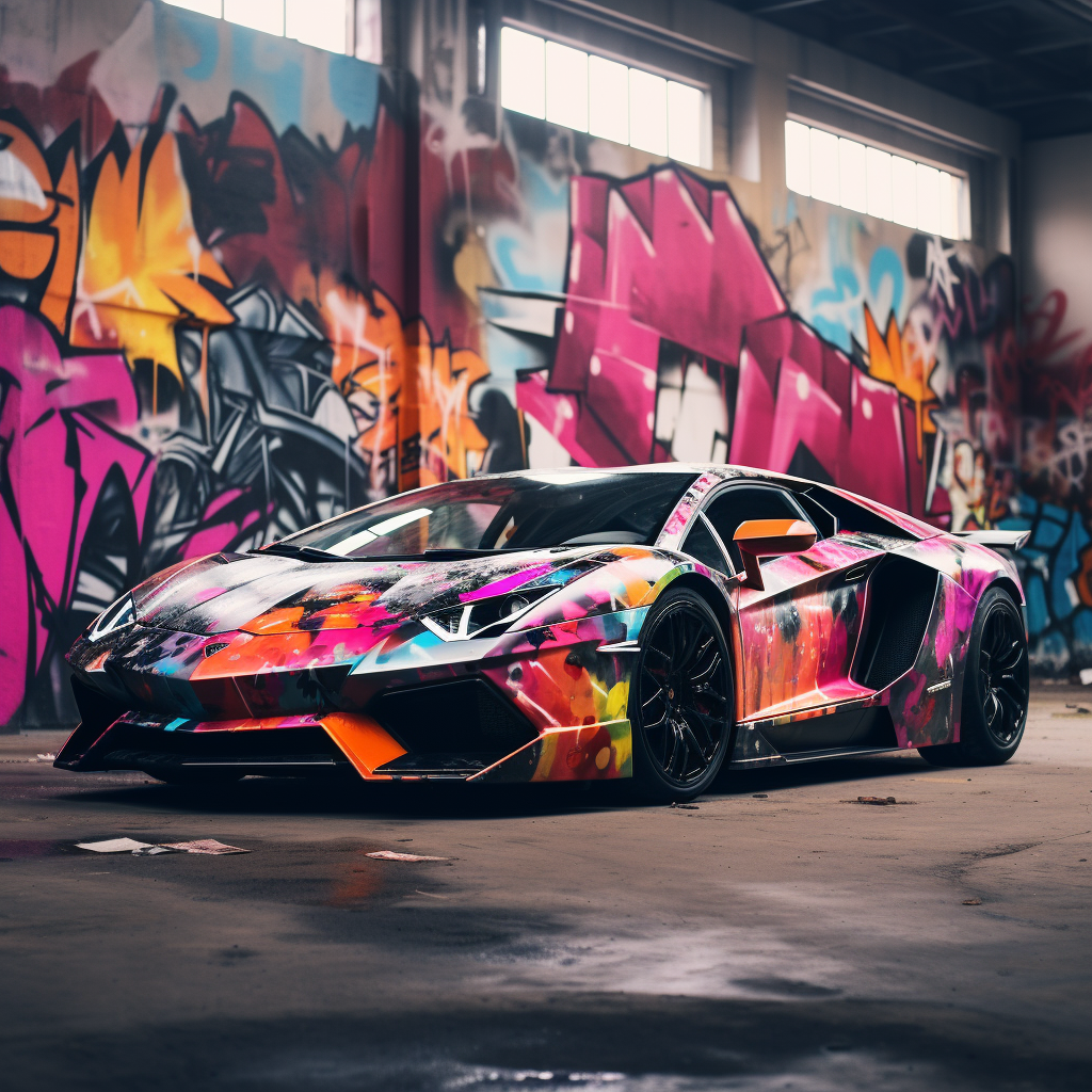 Exotic Car in Graffiti Covered Parking Lot