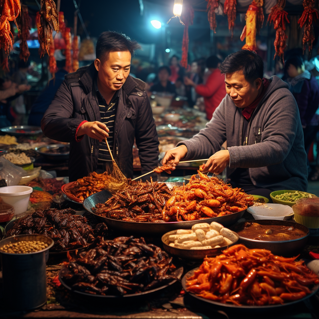 Delicious Chinese street food in a bustling market