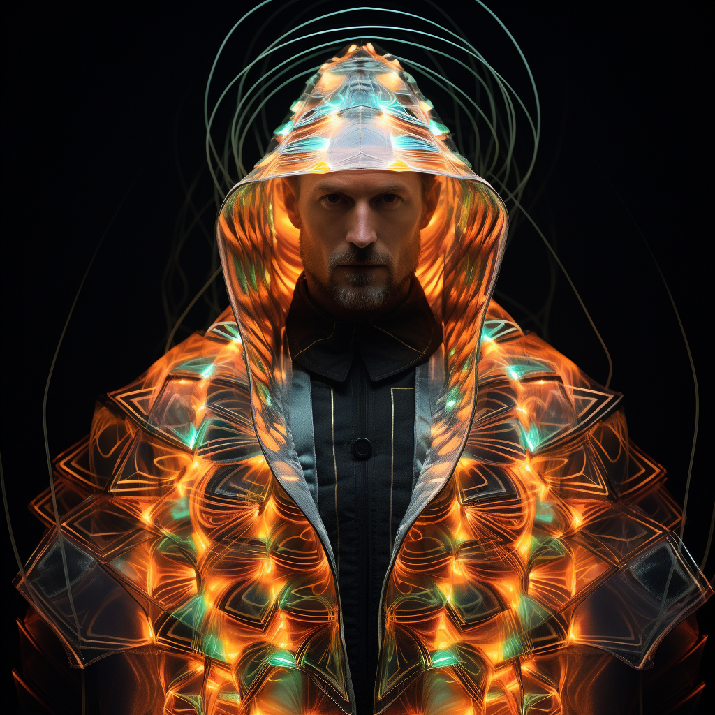 man in exotic priest outfit under neon lights