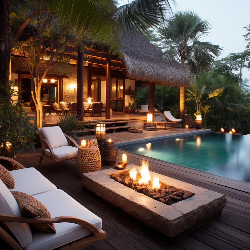 Exotic pool deck with palm trees and bamboo furniture