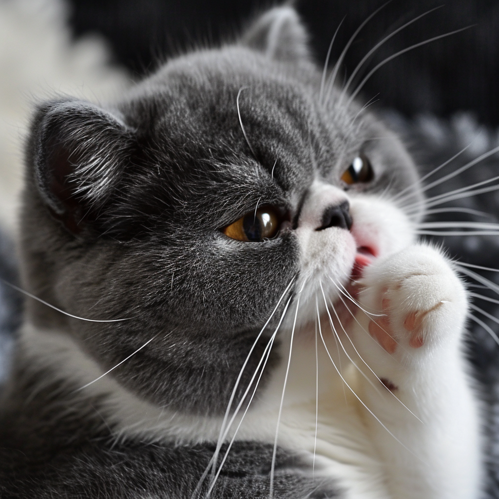 Grey and white Exotic Shorthair cat licking foot