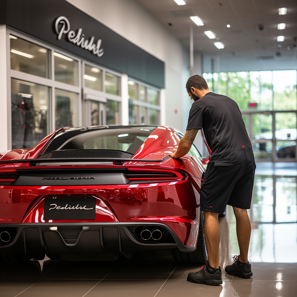 Professional car detailer polishing exotic car