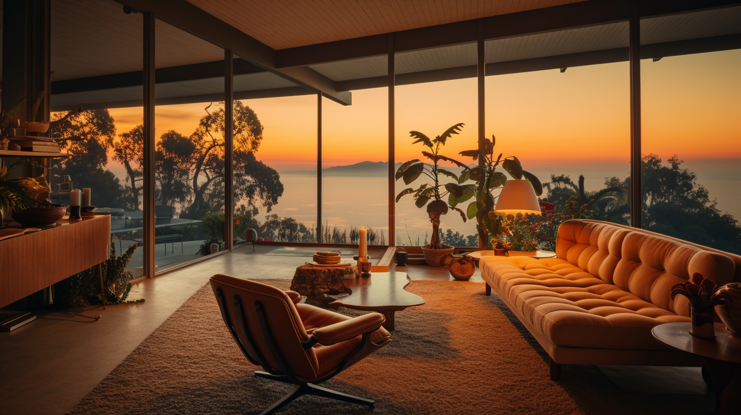 Luxurious midcentury ocean view living room