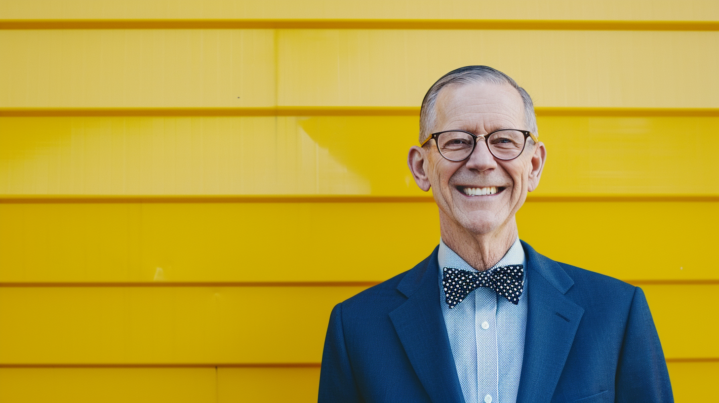 Smiling experienced male coach in blue suit on yellow background