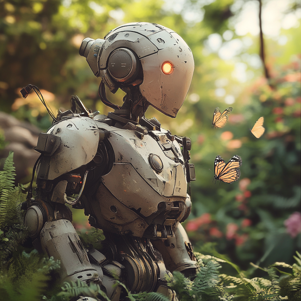 Robot in Garden with Butterflies