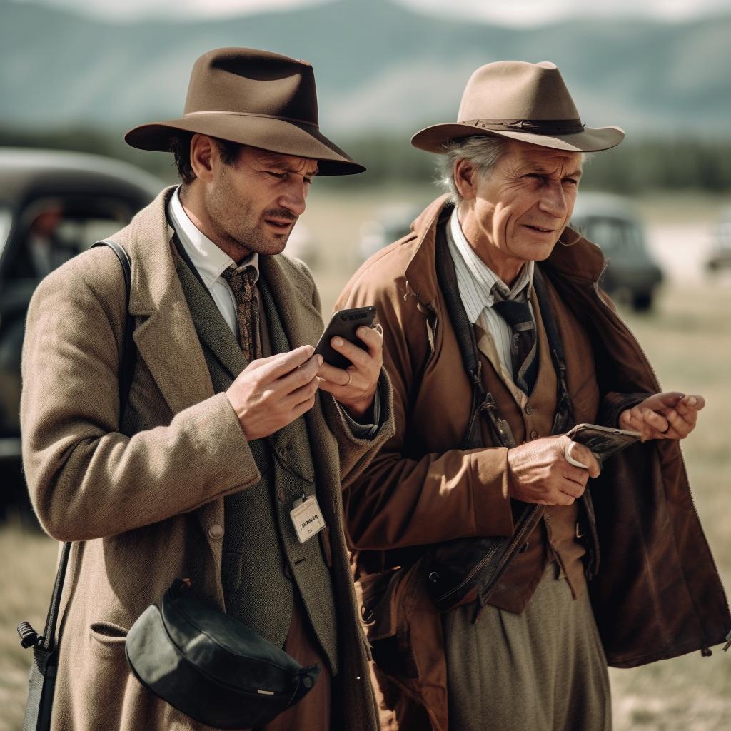 two gentlemen explorers with cell phone