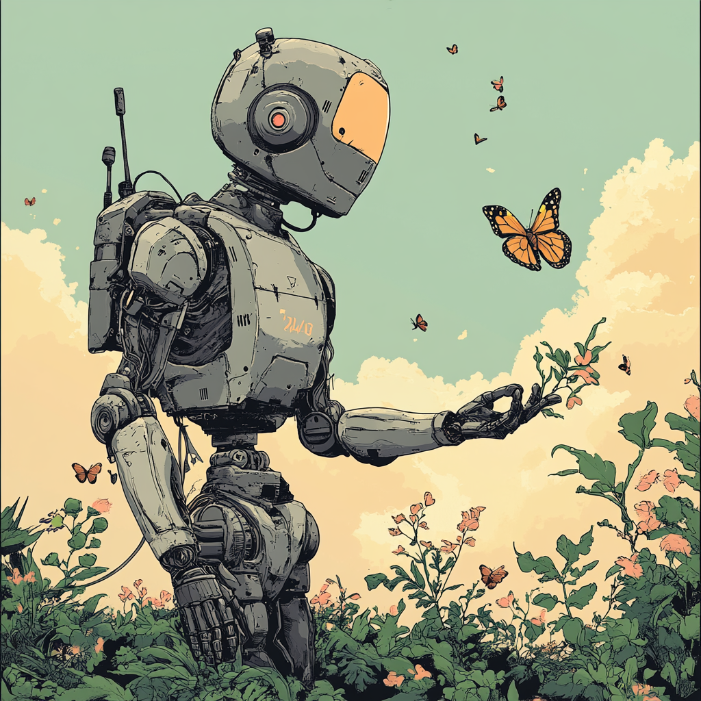 Robot explorer with plants butterflies