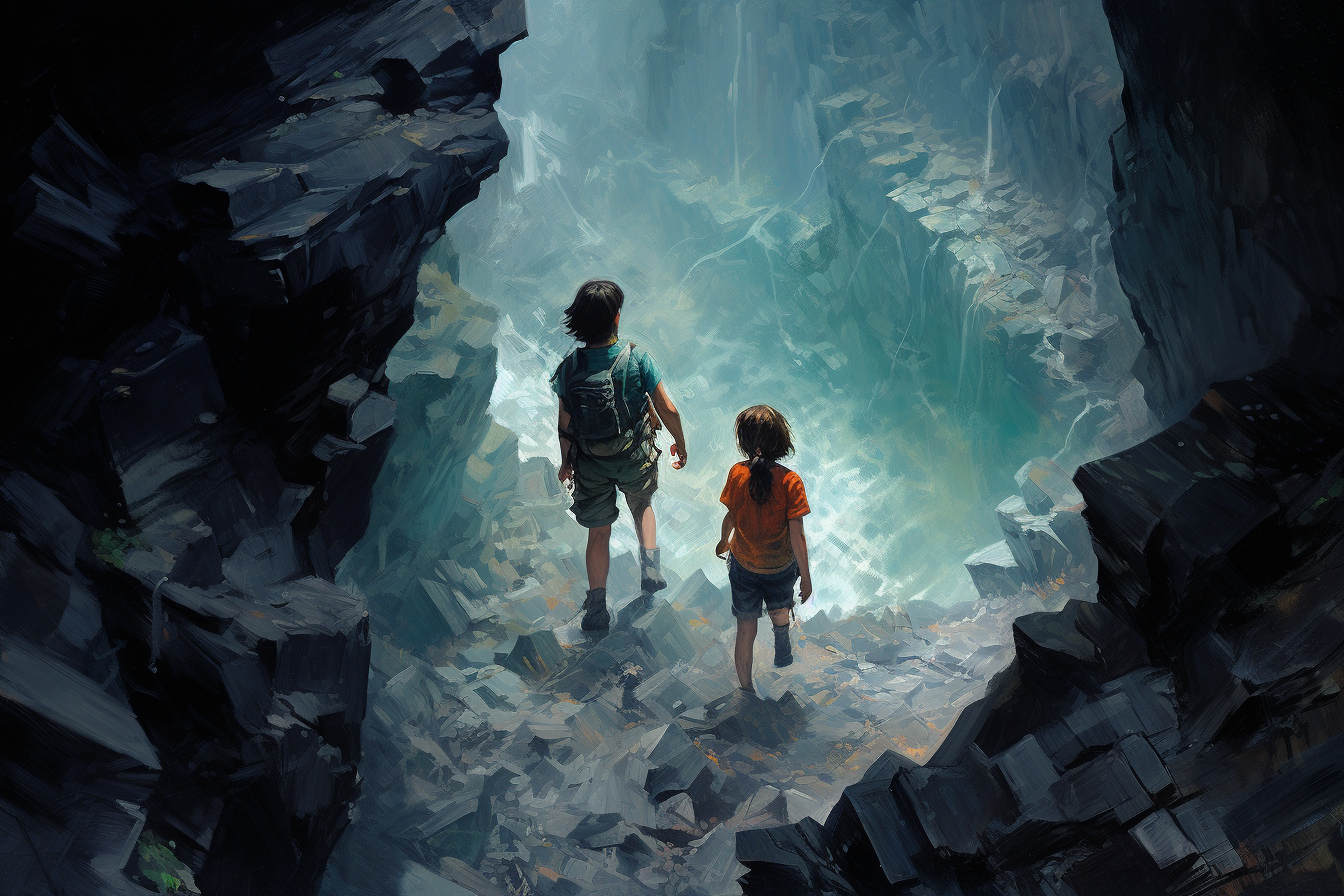 Boy and girl exploring dark depths and cliffside