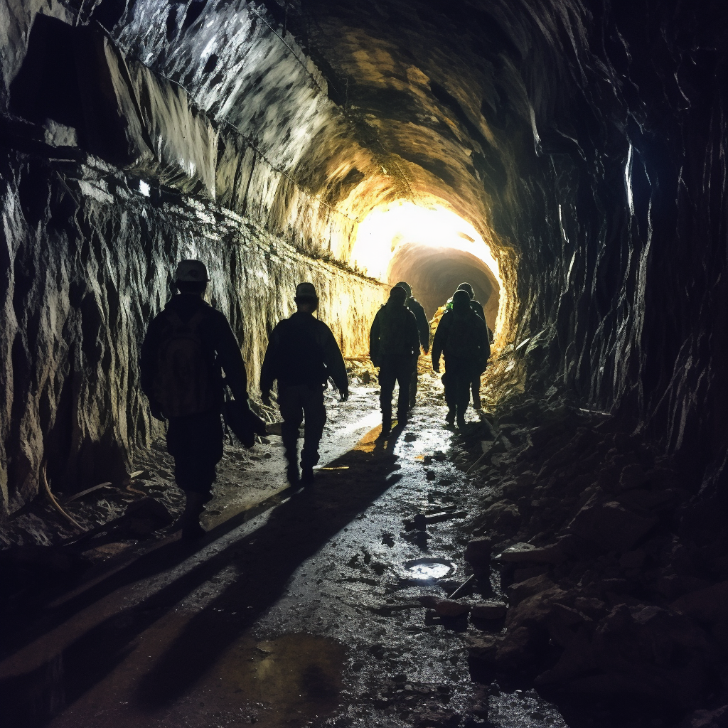 Group of friends exploring dark underground tunnels