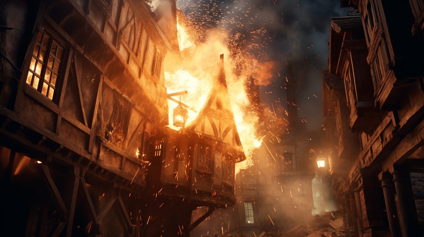 Photorealistic Explosion in Medieval Building at Night