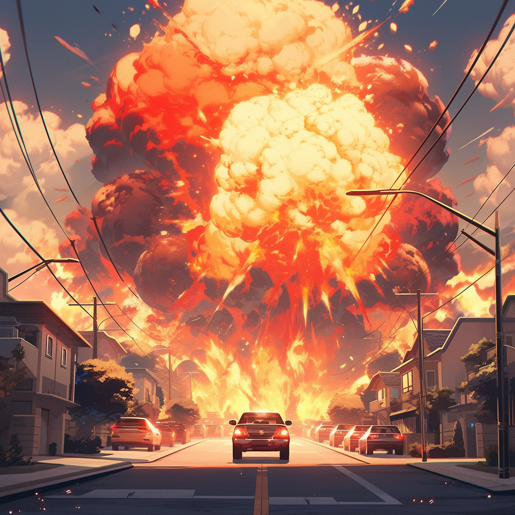 Hyperrealistic explosion in town with cars