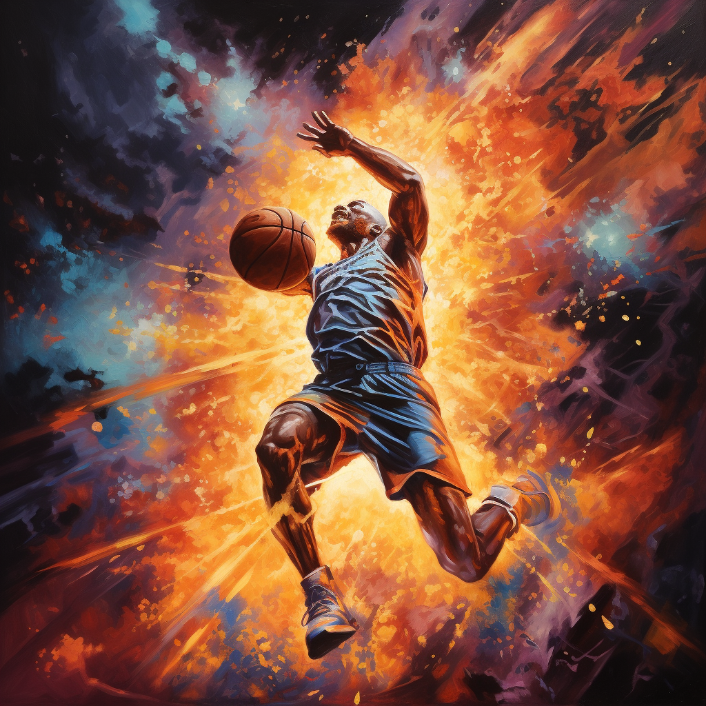 Basketball player dunking in explosion nebula