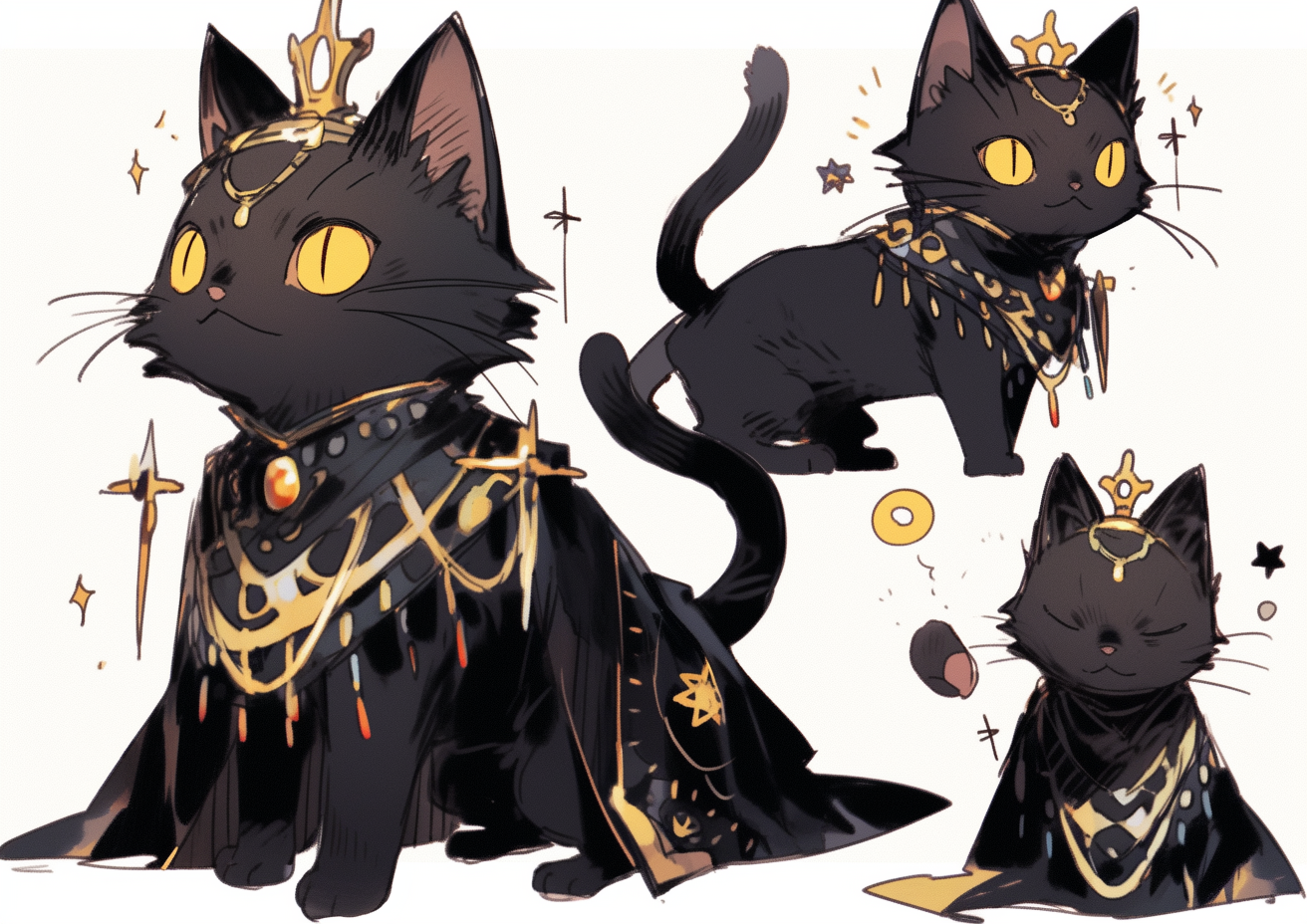 Black cat with golden tail ring and expressive face