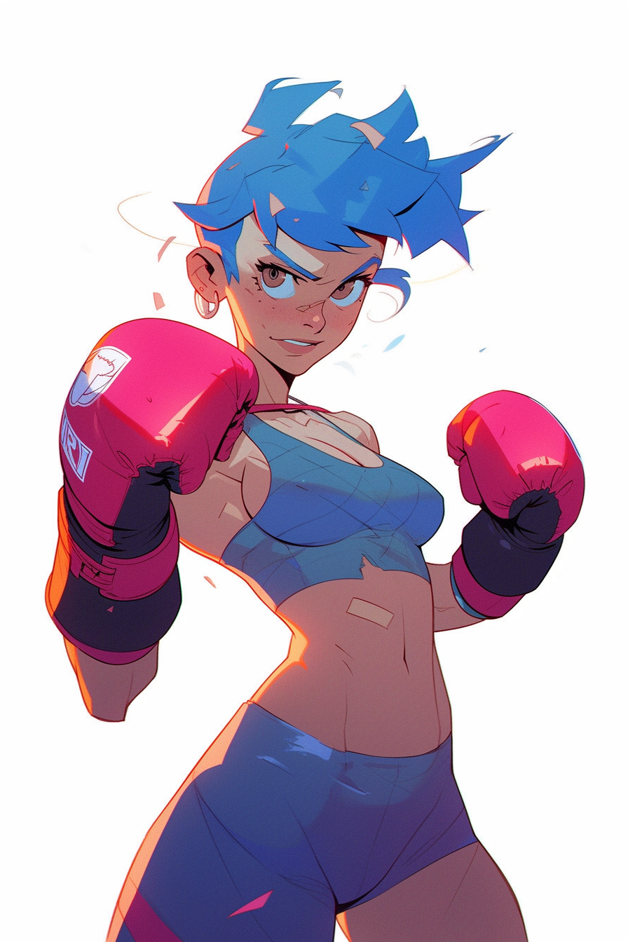 Illustration of a boxer with bright blue hair