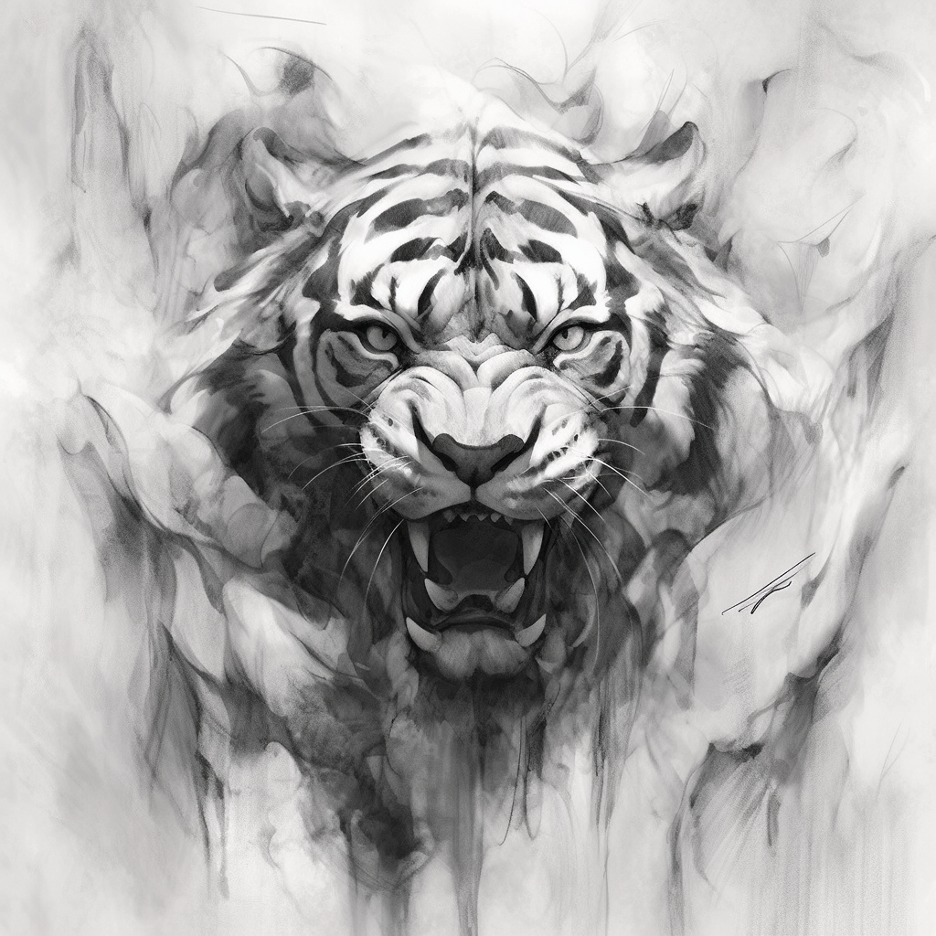 Charcoal drawing of a realistic marble tiger face