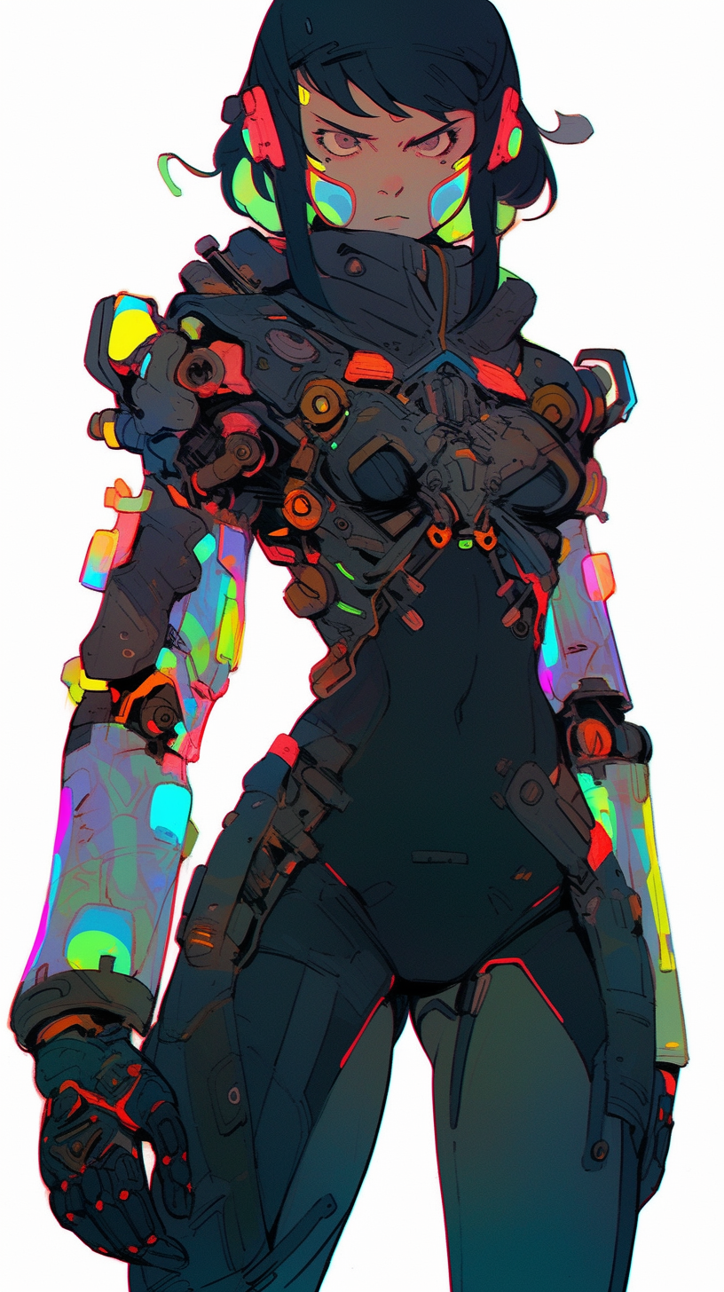 Full body cyborg girl with expressive face