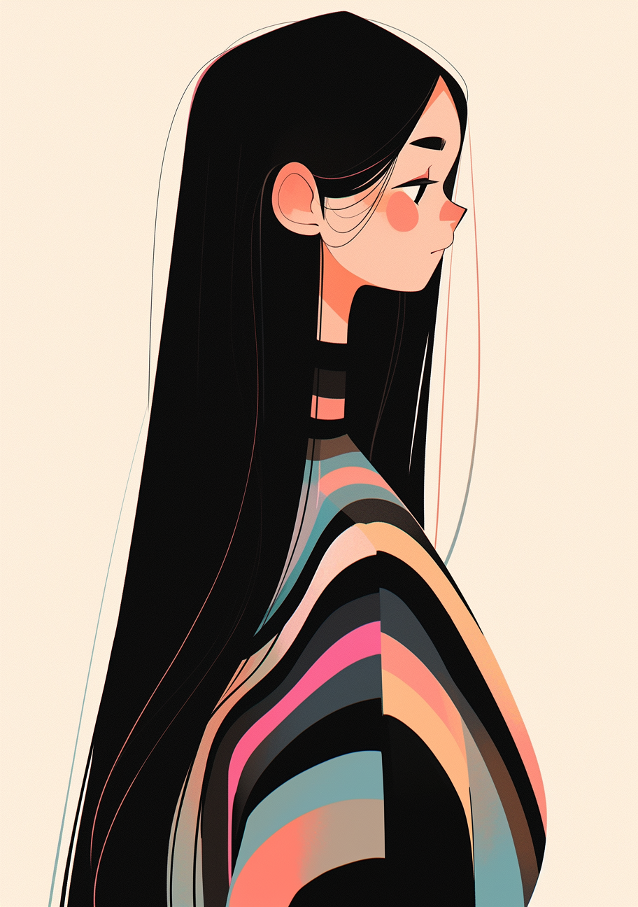 Girl with long black hair illustration