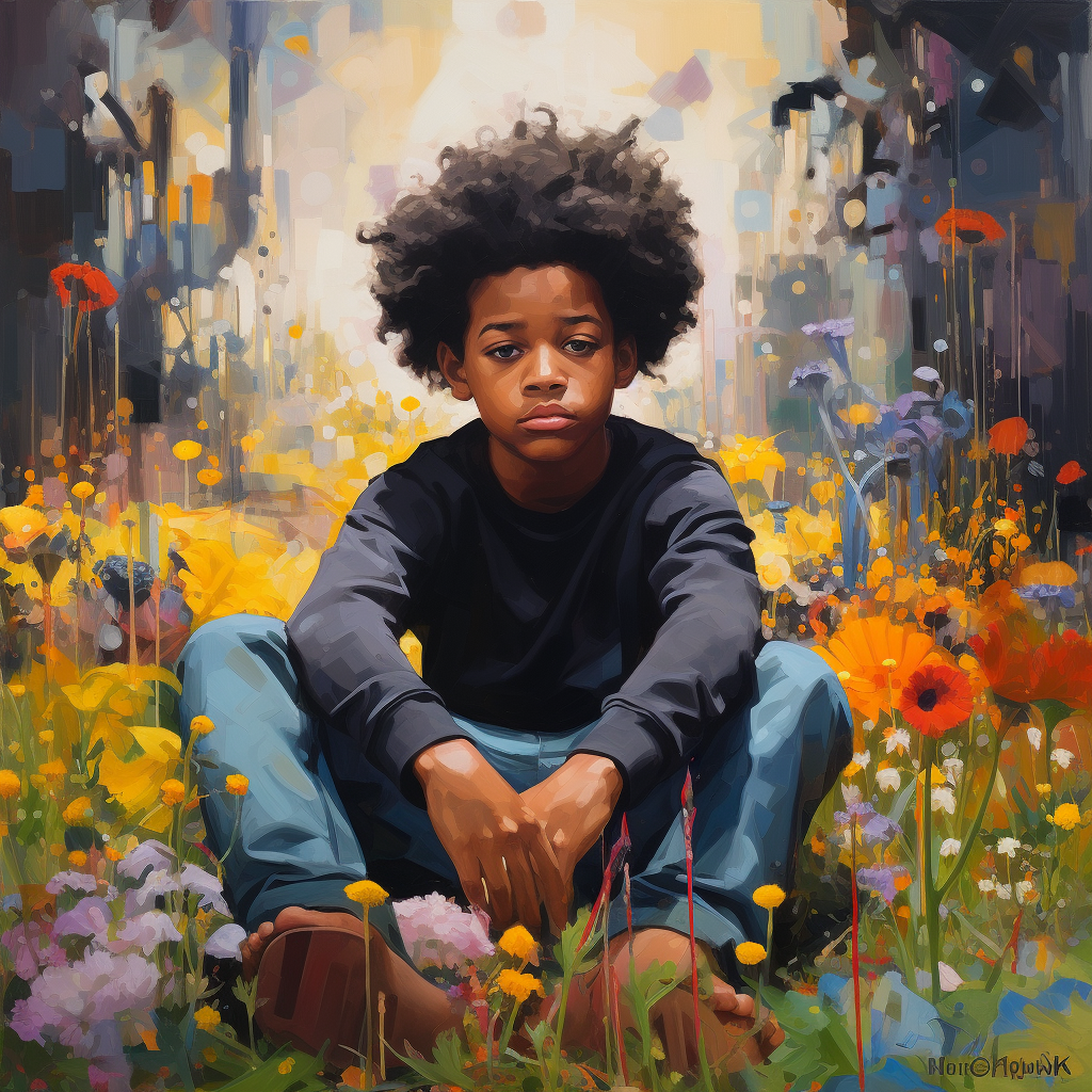 Young black boy with tears in vibrant garden