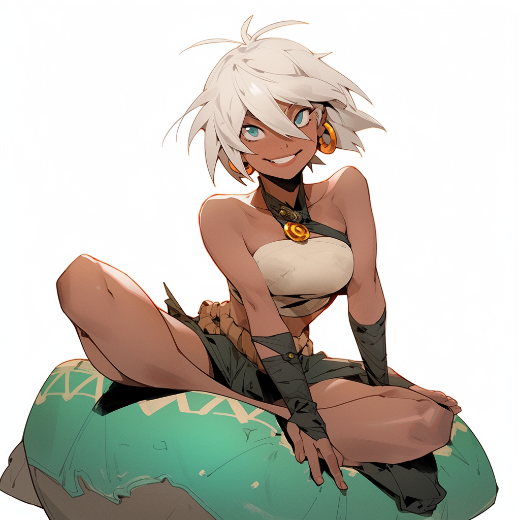 Smiling tan woman on bean bag in expressive style