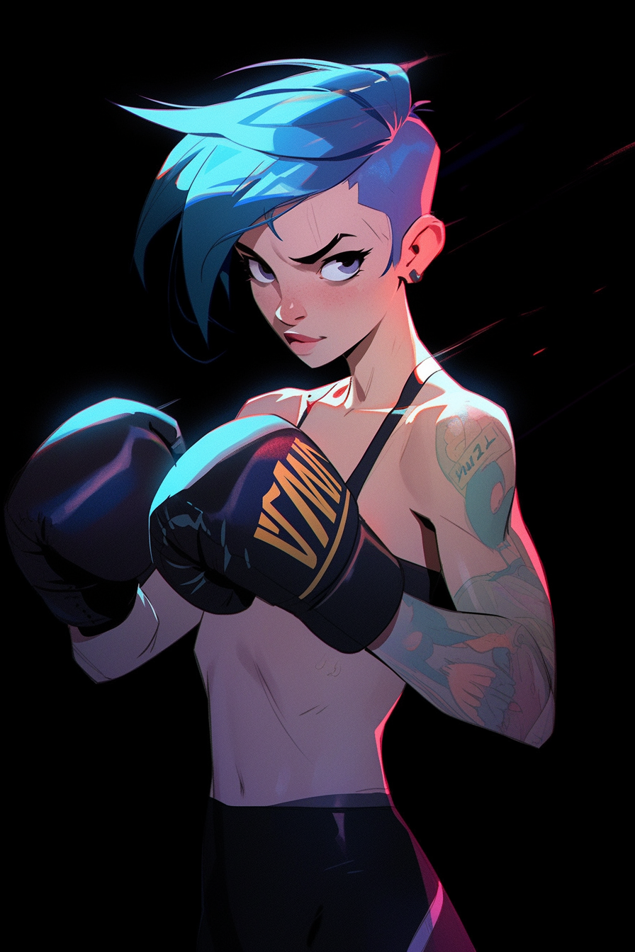 Illustration of expressive blue-haired boxer