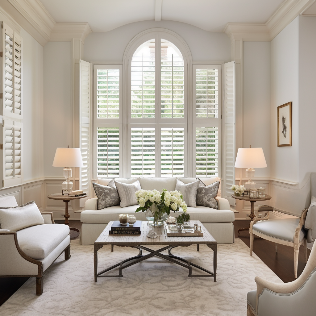 Decorated living room with custom window shutters