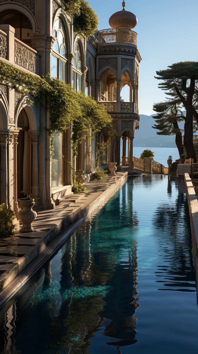 Beautiful exterior of antique homes with infinity pool