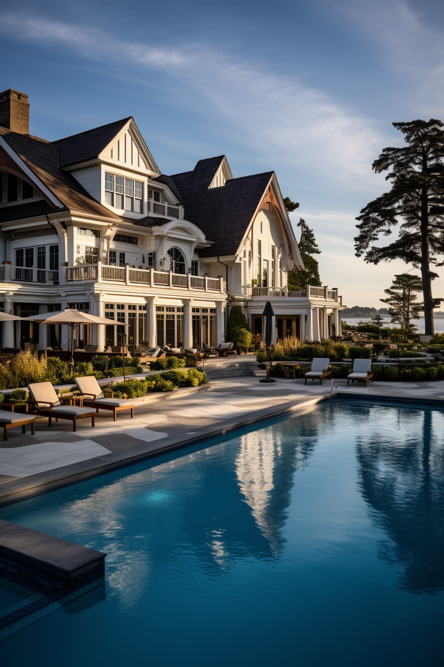 Exterior of boutique hotel with stunning pool area