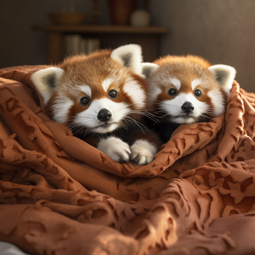 Cute red pandas playing in blankets