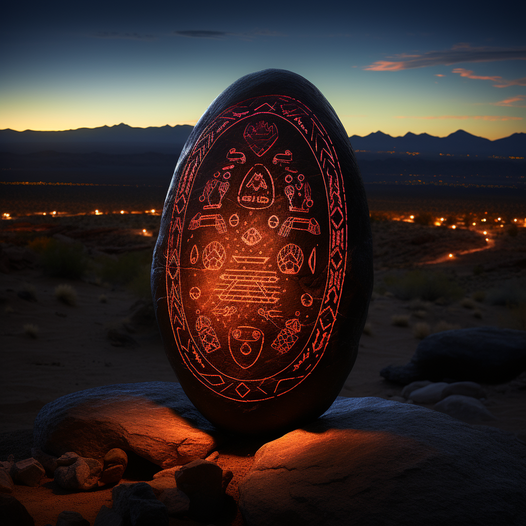 Extraterrestrial symbols on black oval rock in desert