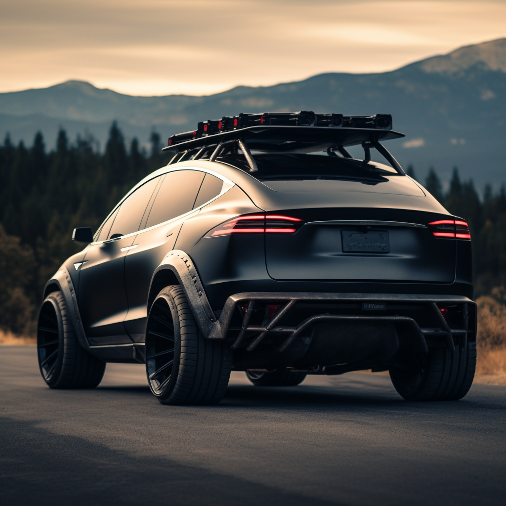 Gas-powered Tesla SUV emitting black exhaust